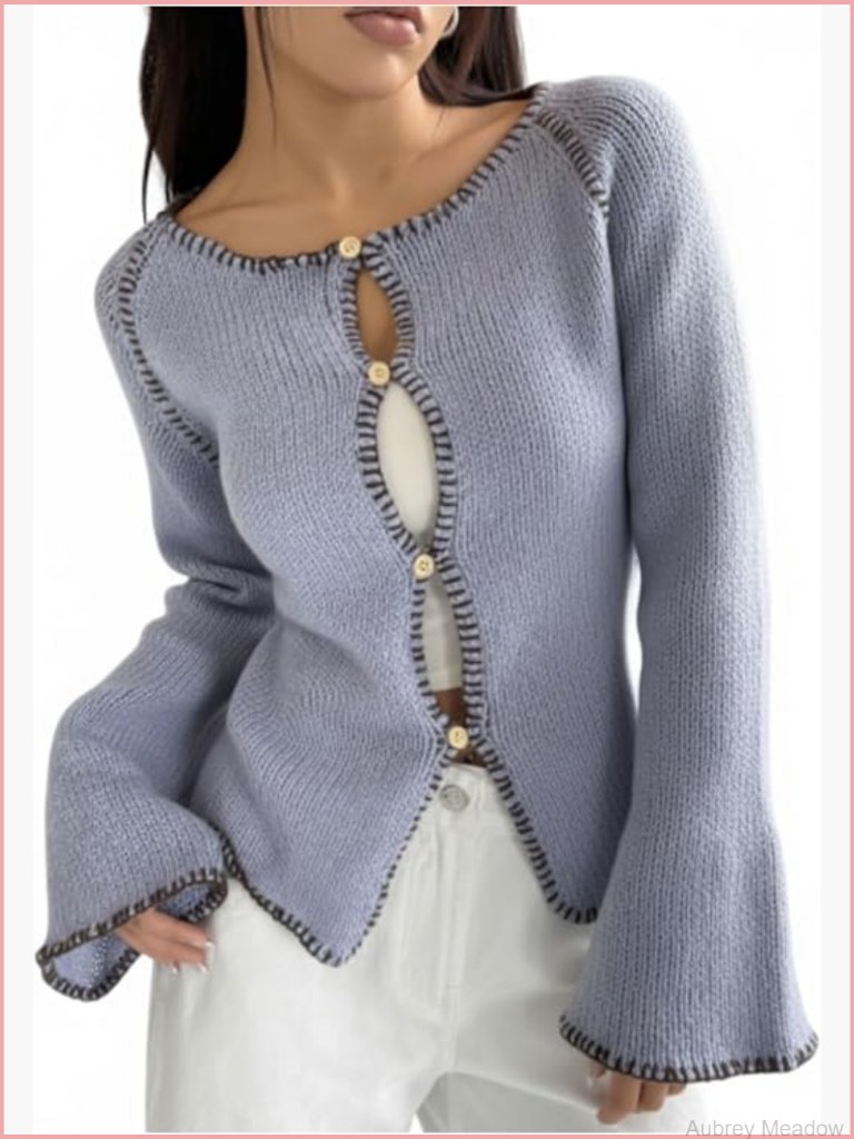 Open Front Button Up Hollow Out Cardigan Knit Lightweight Sweater